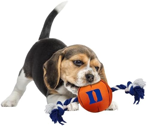 NCAA Duke Blue DEVILSBasketball Rope Toy for Dogs & Cats. Tough Nylon, Sporty Basketball Design, Heavy-Duty Ropes with Inner Squeaker