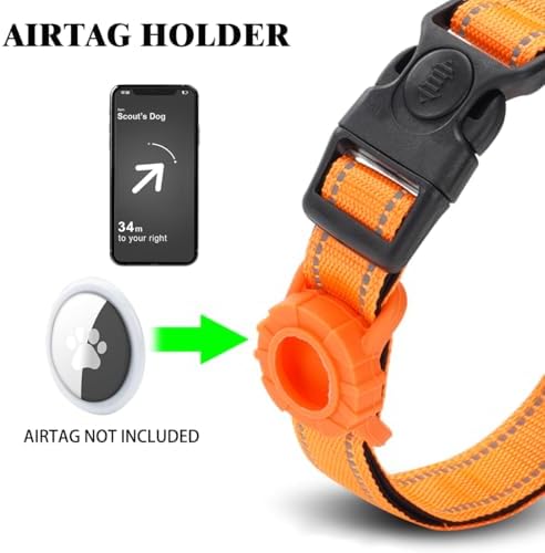 JSXD AirTag Dog Collar, Night Reflective Nylon Dog Collar for Small Medium Large Dogs,Lockable Quick Release Buckle,Padded Breathable Pet Collar with AirTag Holder (Orange, Medium)