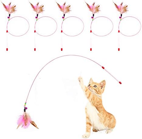 Sanpink Cat Feather Toy, Cat Toys Wand, Bundle of 5 Pack Interactive Pet Cat Kitten Chaser Teaser Wire Wand with Bell Beads for Cat Exercise Play Fun Gifts - Wholesale