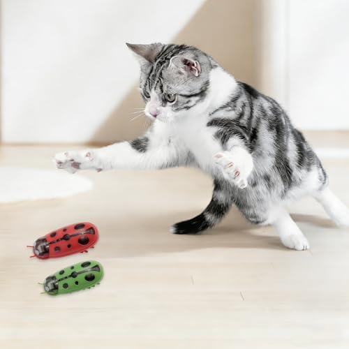 XCZAP Cat Electric Toy Bug – Automatic Rolling Interactive Cat Toy (2-Pack)(PC-Green Red)