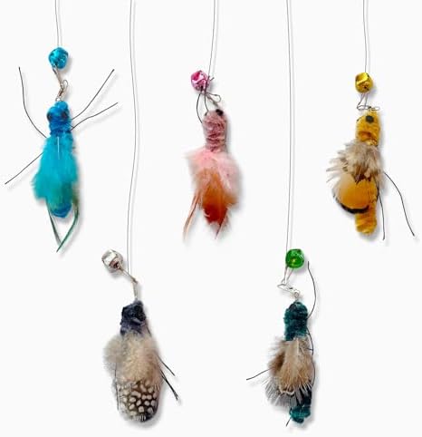 5 Pcs Realistic Cat Insect Toys for Wand Toy Refills, Interactive Feather Bug Toy Attachments with Bells for Indoor Cat Enrichment & Hunting Instincts, Ideal Exercise & Boredom Relief for Kittens