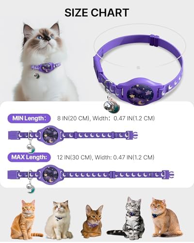 typecase Reflective Breakaway Cat Collar with AirTag Holder, Purple & White | Purple Reflective Breakaway Cat Collar With Bell And Silicone AirTag Holder; Adjustable 8-12 In; AirTag Not Included