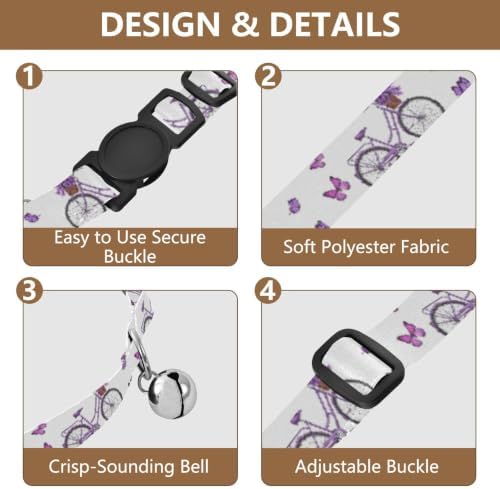 2 Pack Puppy Collar Lavender Colored Bikes Purple Flowers Cat Bell Collar, Adjustable Length 10.6" to 17.1"