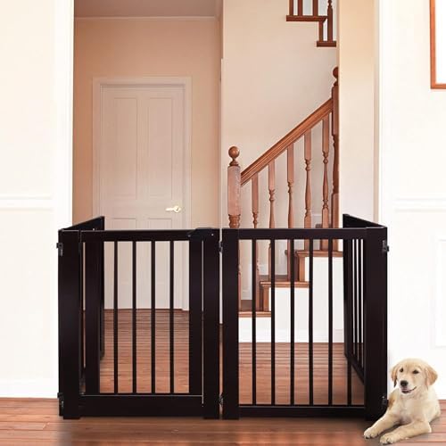 Freestanding Wooden Pet Gate with Door Adjustable Dog Barrier Portable Indoor Safety Fence for Pets Durable Wood Construction Easy Walk Through Design Stylish Home Pet Safety Solution