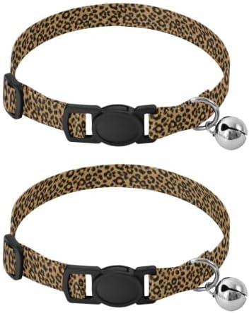 Cheetah Print Brown Lightweight Small Dog Collar, 2 Pack Dog Collar with Bell
