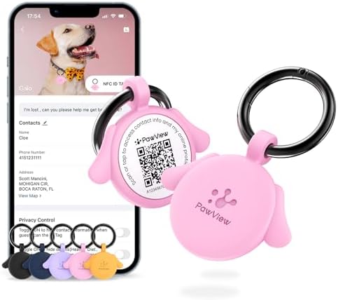 QR Code Pet ID Tags with NFC - Silent Silicone Dog Name Tags Personalized, Scan for Instant Location Alerts & Digital Pet Profile, Waterproof & Battery-Free Dog Tag for Cats & Dogs (Pink)