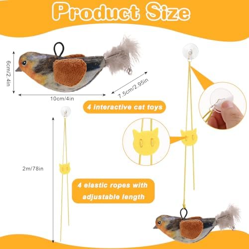 4 Pcs Interactive Cat Toys for Indoor Cats, Chirping Bird Cats Feather Toys, Flying Bird Cat Toys, Chase Exercise Door Frame Toy for Bored Kittens Adult Cats
