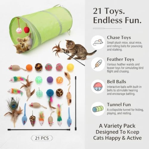 Cat Toys Variety Pack for Indoor Cats, 21PCS Interactive Kitten Toys Set with Collapsible Cat Tunnel, Feather Teaser Wand, Plush Mice, Balls & Cat Toys for Kittens and Adult Cats