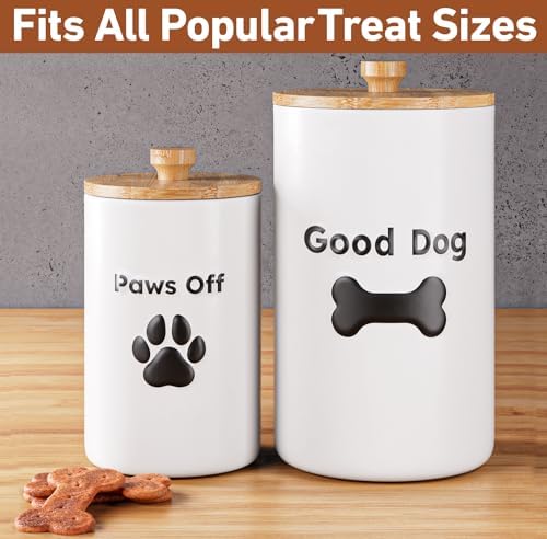 Dog Treat Container Airtight Set of 2, 9x5 & 7x4 inch Ceramic Jars. 11 Cups