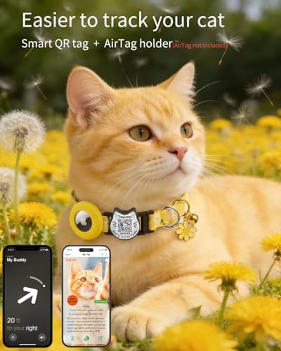 Breakaway Cat Collar with QR Code ID & AirTag Holder, Adjustable Cotton Kitten Collar with Bell, Cute Floral Safety Collar for Indoor & Outdoor Cats Pastoral Style with airtag Holder(Yellow)
