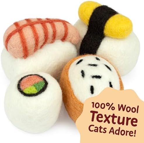 Woolbuddy Wool Cat Toys (Big Sushi 4 PCS) for Indoor Cat Kitten Catnip-Free
