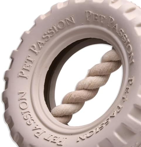 Pet Passion Natural Rubber Tire and Organic Cotton Rope Pull and Chew Dog Toy for All Pet Breeds, Almond Milk, Large