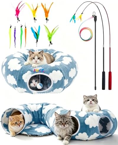 Cat Tunnel Bed with Toys – Large Collapsible Play Tube (Blue)