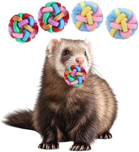 4 Pack Ferret Toys Ball Set, Rubber Scratch Chew Toys with Built-in Bell Soft Colorful Balls Grinding Wiggle Ball Interactive Sound Toy Exercise Teeth for Ferret Cat Kittens