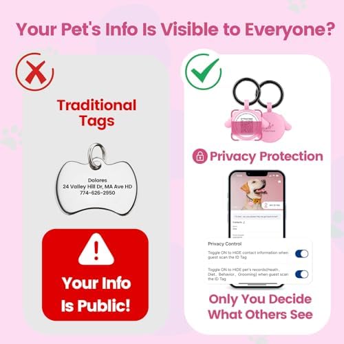 QR Code Pet ID Tags with NFC - Silent Silicone Dog Name Tags Personalized, Scan for Instant Location Alerts & Digital Pet Profile, Waterproof & Battery-Free Dog Tag for Cats & Dogs (Pink)
