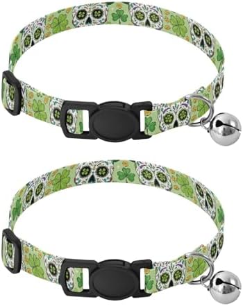 Patrick Skull Shamrock Green Metal Bell Included Cats Collar 2 Pack Lightweight Pet Collar for Cats and Dogs