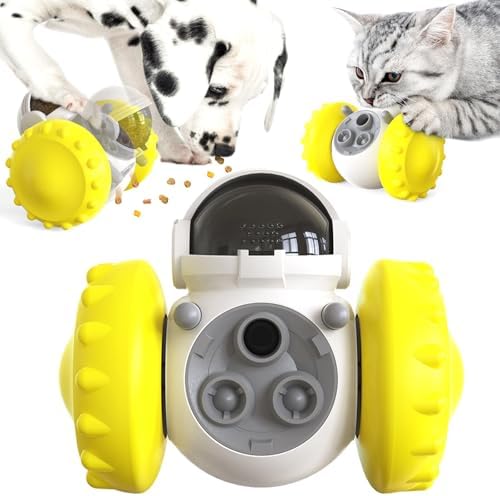 Interactive Pet Food Dispenser Toy for Dogs and Cats, Treat Dispensing Rolling Ball with Textured Wheels, Available in Yellow, Green, Black (Yellow)