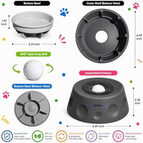 SAVAN IPA Slow Feeder Dog Bowls for Liquid with Rolling Ball, Interactive Lick Bowl Anti-Slip Slow Feeder for Wet Food, Water & Treats Lick Toy for Dogs Cats Large Medium Small (Gray)