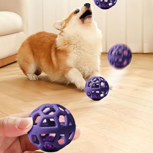 Dog Chew Toys with Bell Sound, 3 Rubber Bouncy Ball for Medium/Large Dogs, Interactive Fetch Ball Teeth Cleaning&Training, Hollow Design with Internal Bells (Purple)