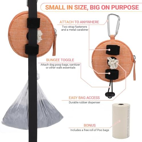 Dog Poop Bag Holder for Leashes- Dog Treat Pouch with Waterproof Zipper,Puppy Training Small Bag with Carabiner & Bungee Toggle,Two Pockets for Dry or Wet Treats-Pet Travel Walking Essentials (Orange)