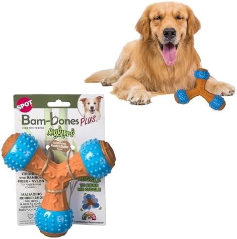 SPOT Bam-Bones PLUS Gigglers Tripod Durable Dog Chew Toy, For Large Aggressive Chewers, Bamboo Fiber & Nylon, Dual Texture, Massaging Rubber Ends, Sounds, Non-Splintering, Peanut Butter Flavor, 6 Inch