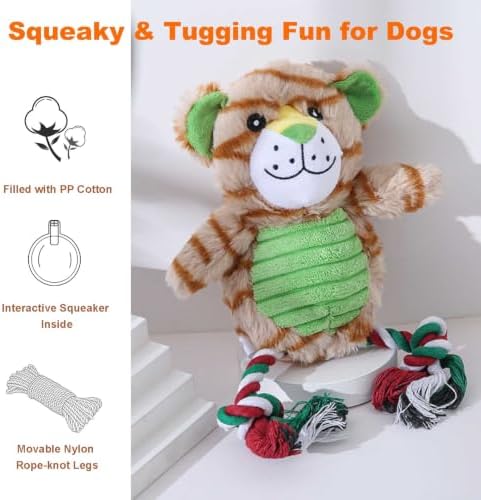 Tiger Plush Dog Toy with Rope and Squeaker for Small Medium Dogs