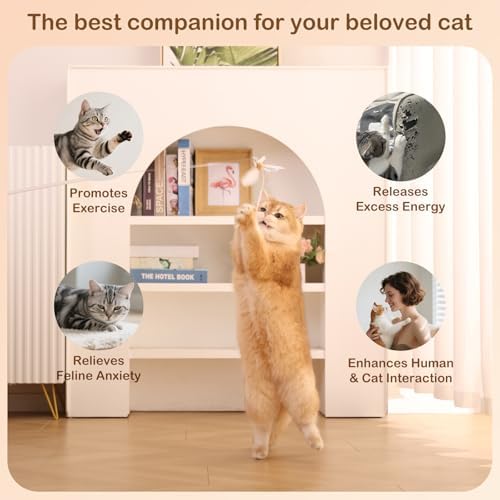 Retractable Cat Wand Toy with Spinning Natural Feather – Interactive Cat Teaser Wand for Indoor Cats, Adjustable Lightweight Cat Toy Wand with 4 Feather Refills - No String Version