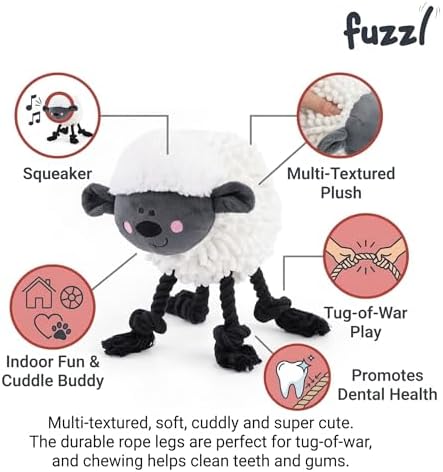Fuzzl Farmyard Friends Dog Toy – Woolly Sheep – Large Soft Noodle Fabric Plush with Durable Rope Legs – Interactive Tug Chew & Comfort Toy for Dogs