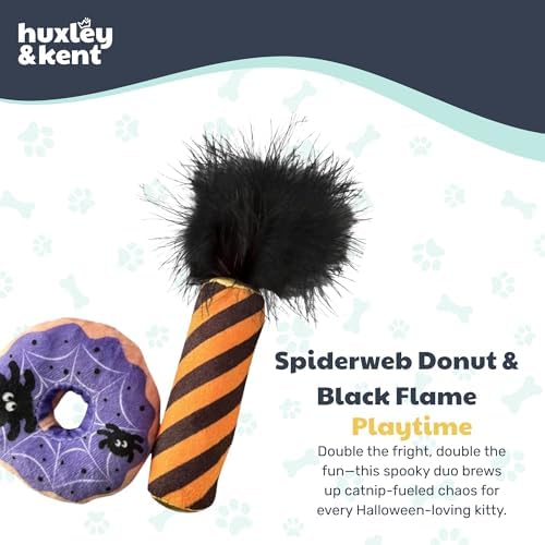 Huxley & Kent Plush Cat Toy - Halloween Interactive Catnip Toy for Cats & Kittens - Soft with Crinkle & Catnip - Fun Indoor Play - Spiderweb Donut & Black Flame 2pk