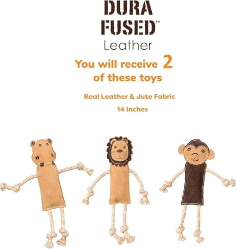 Dura-Fused Leather Jungle Animals Dog Toy, Squeaky with Rope Limbs, Real Leather and Jute, 14 Inch, Assorted Styles, 2 Pack