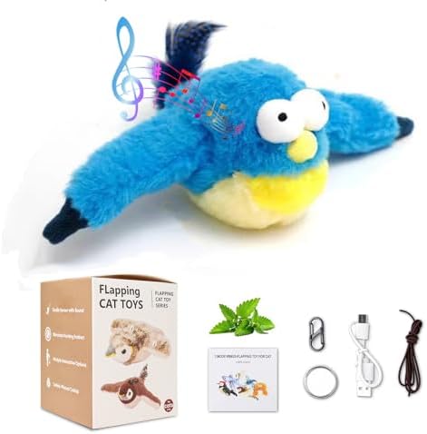 Interactive Chirping Bird Cat Toys with Flapping Wings,New Flying Birds Cats Toy, Flying Simulation Electric Sparrow Shaking Hunting Pet Toy for Indoor (Blue)