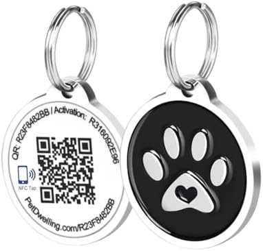 Pet Dwelling Smart Dog ID Tag – NFC & QR Code Pet ID Tag, Free Personalized Online Profile & Instant Scan Alerts (Black Paw)