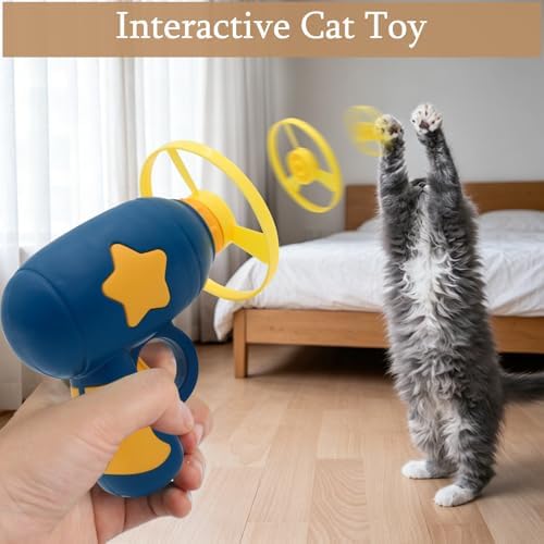 Andiker Cat Fetch Toy, Interactive Kitten Flying Disc Launcher Toy with 5 Colorful Flying Propellers for Cat Enrichment, Flying Saucer Toy for Cats for Training and Chasing (Yellow+Navy Blue(10pcs))