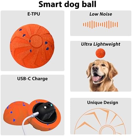 Interactive Pet Toy Ball - Bouncy, Flexible & Durable, Self-Rolling for Indoor Play, IPX7 Waterproof, Active Rolling Ball for Medium Dogs (Orange)