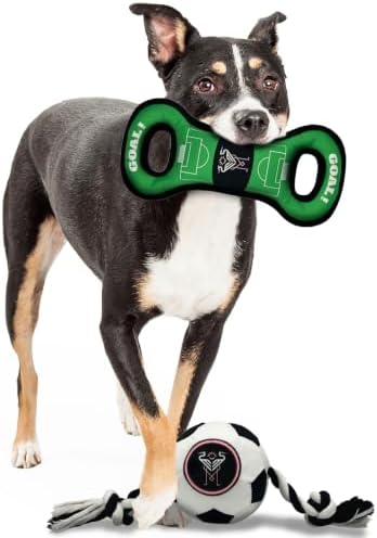 Pets First MLS Inter Miami CF Soccer Field Tug Toy & Soccer Ball Rope Toy Set for Dogs - Officially Licensed Interactive Squeaky Rope Fetch & Chew Toys with Team Logo