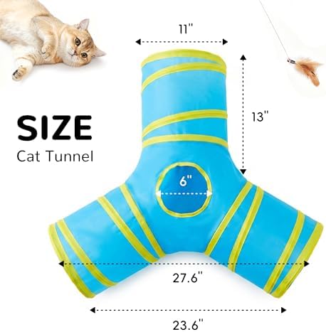 Tempcore Cat Tunnel, 3-Way Collapsible Toy for Indoor Cats, Blue & Yellow