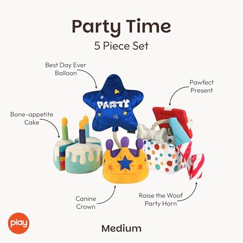 P.L.A.Y. Cute Plush Dog Toys - Birthday Party Celebration Themed Durable Squeaker Chew Toys, for Puppies & Small, Medium, Large Dogs - Machine Washable, Recycled Materials (5 Piece Set, Medium)