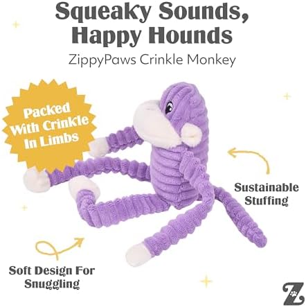 ZippyPaws Crinkle Monkey for Small and Medium Dogs - Small, Purple