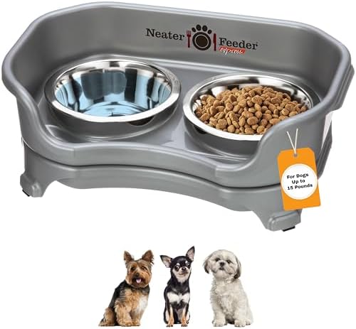 Neater Feeder Express Mess Proof Dog Bowls Elevated for Small Breeds Under 15 Lb, Made in USA, No Spill Raised Dog Food Bowl Stand, Stainless Steel Food and Water Bowl Set, Feeding Station, Grey