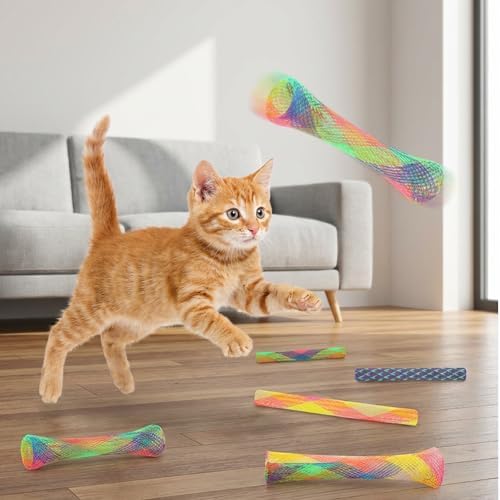 Cat Tube Toy, 10 PCS Plastic Cats Spring Coil Toys Nylon Mesh Telescopic Cat Tube Spring Toy Interactive Colorful Fun Tubes for Indoor Cats to Chase, Bite, and Scratching (5.3 Inches)