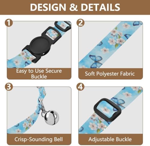 Blue Butterflies Cherry Blossoms Breakaway Cat Collars with Bell 2 Pack Pet Collar Adjustable 10.6 to 17.1 Inches
