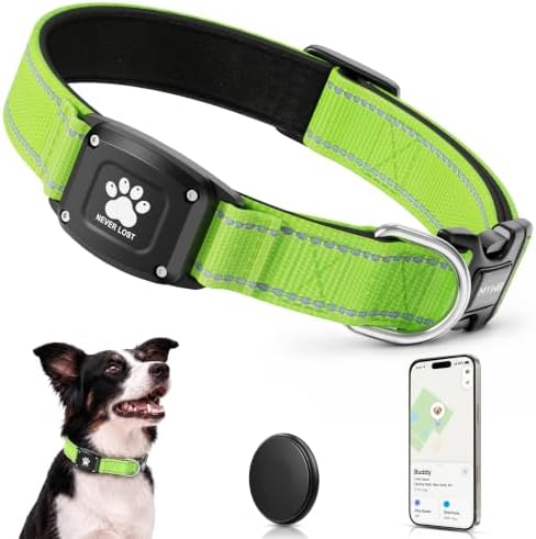 GPS Dog Collar with Tracker, Waterproof, No Monthly Fee, Green, M | Works with Apple Find My, iOS Only, MFi Certified, No SIM Card, for Medium Dogs, Reflective Padded Nylon, Neck 14.5-19.5 in