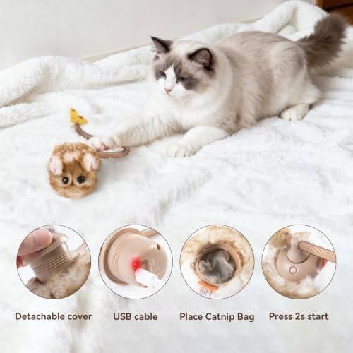 Migipaws Interactive MigiMouse Cat Toy 360° Rolling & Spin with Mesh Plastic Tail for Indoor Cats Smart Motion Sensor, Realistic Squeak, Rechargeable Plush Kitten Toy(Brown Long)