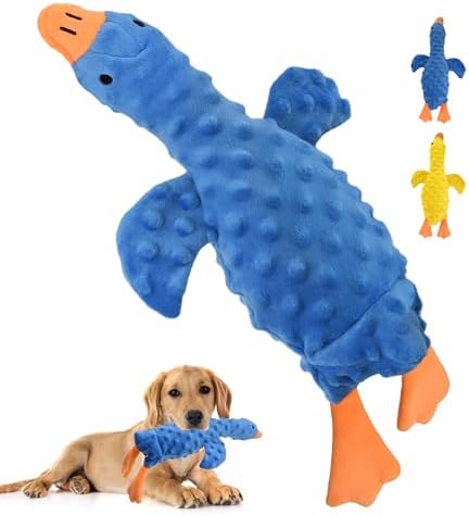 Squeaky Plush Dog Toy for All Breeds, Multifunctional Goose Dog Toy with Honking Sound, Crinkle Paper, Treat Pocket, Durable Soft Stuffed Animal for Chewing, Cuddling, Interactive Play (Blue)