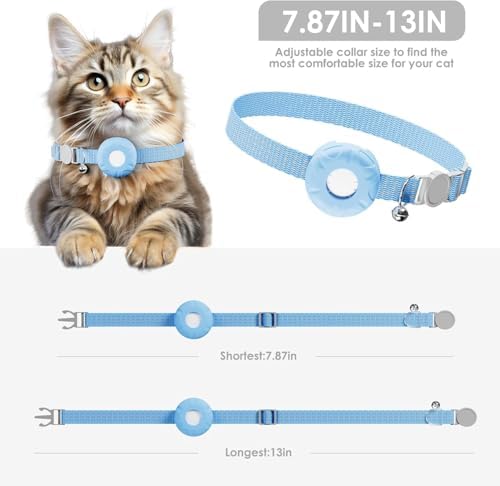 Cat Tracker,Breakaway Tracking Pet Collar with Finder Tag and Tracker Holder,No Monthly Fee,Compatible with Apple Find My (iOS Only), Reflective Strip Design with Bell(Blue)