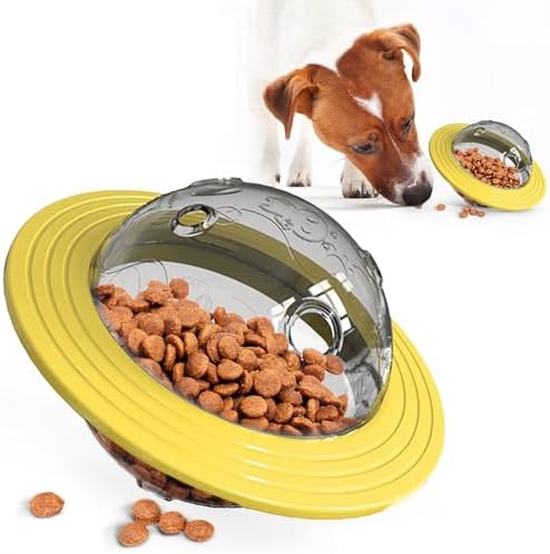 Dog Treat Dispenser Ball Toys Interactive Planet Shaped Dog Toy 6.5 in Slow Feeder for Dogs Playing and Training (Yellow)