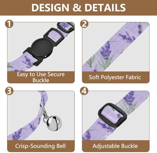 Watercolor Lavender Plaid Decorative Pet Collar with Bell 2 Pack Cat Collar Adjustable Length 10.6" to 17.1"