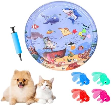 2026 Upgraded Cat Water Mat – 5-Layer Anti-Scratch Leak-Proof Sensory Play Mat for Indoor Cats, BPA-Free Cooling Water Pad, Interactive Enrichment Toy (S18, 65 * 65CM, 4 Fish + Pump Included)