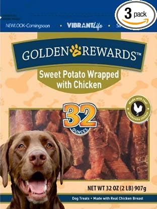 PACK OF 3 - Golden Rewards Sweet Potato Wrapped with Chicken Dried Dog Treats, 32 Oz
