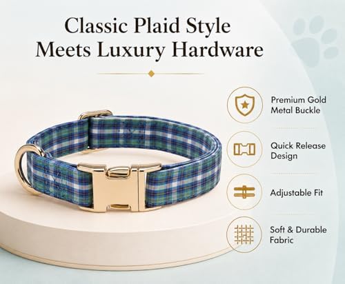 Soft Cotton Dog Collar Classic Plaid Pet Collars with Metal Clasp for Large Dogs with Sensitive Skin, Highland Blue Tartan